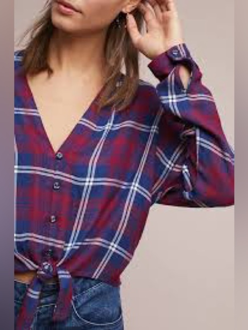 Rails | Burgundy Navy Plaid Tie Up Cropped Button Down Shirt